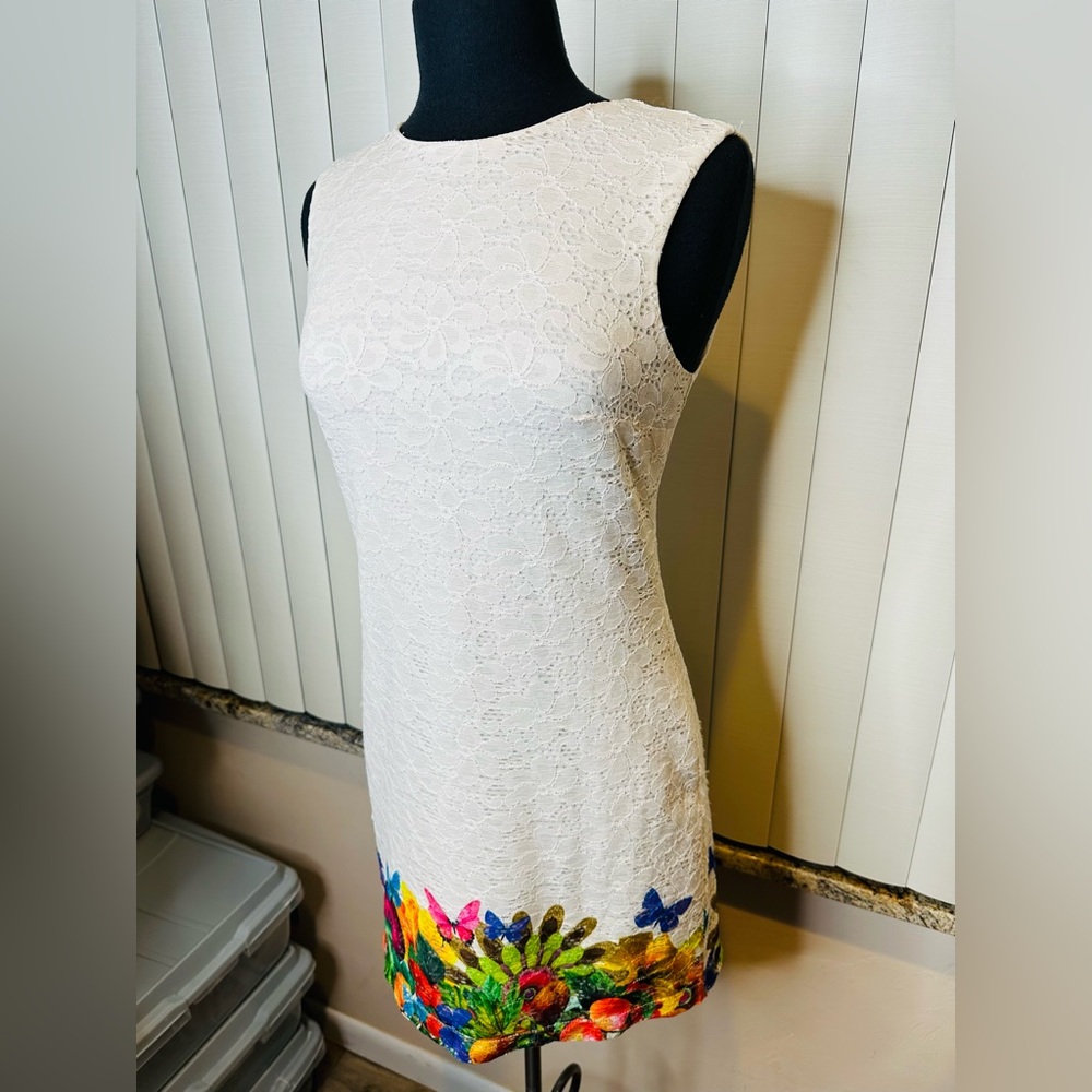 Desigual Women Floral Butterfly Lace Sleeveless Sheath Dress Cream/Multi Sz 38